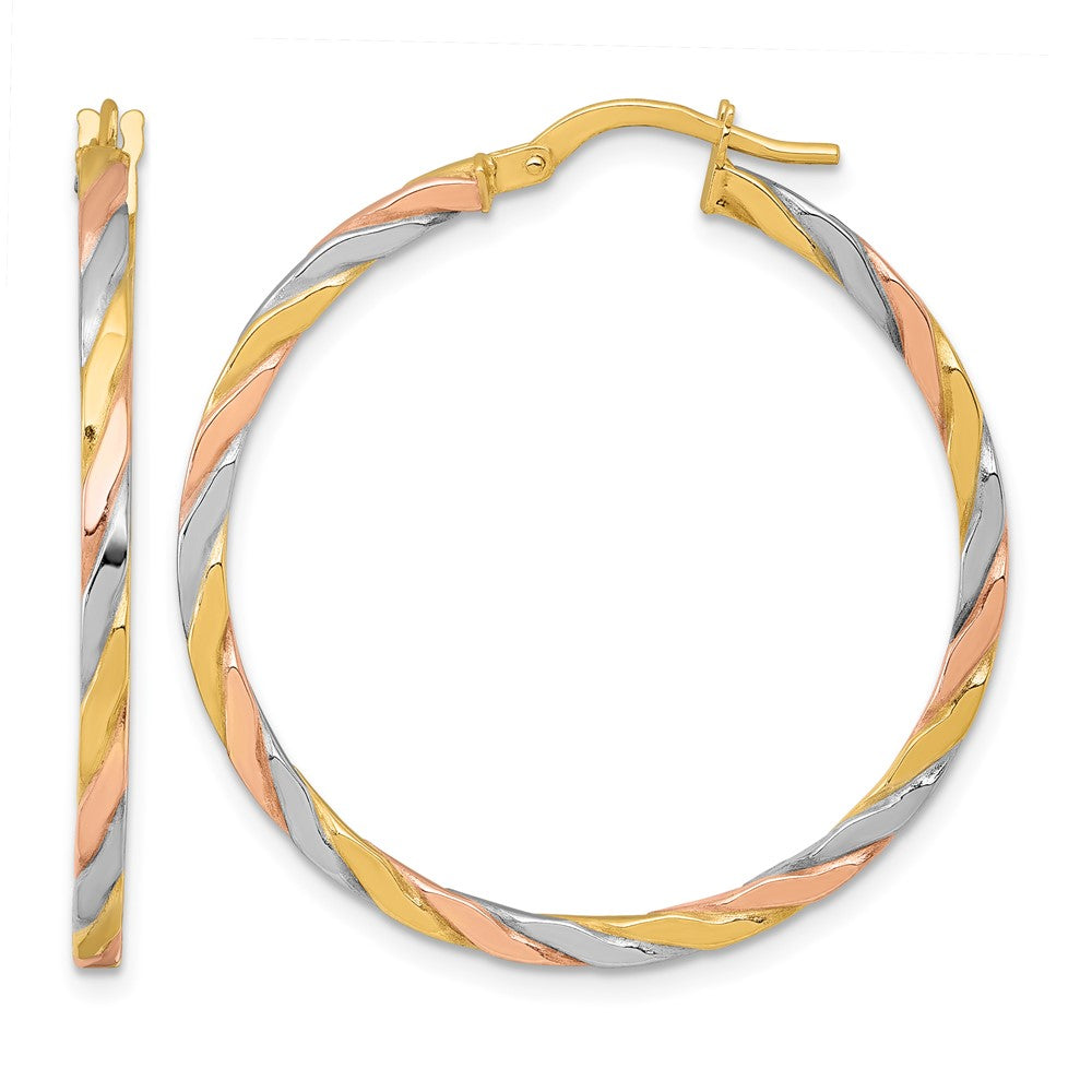 10K w/Rose and White Rhodium Polished Twisted Hoop Earrings