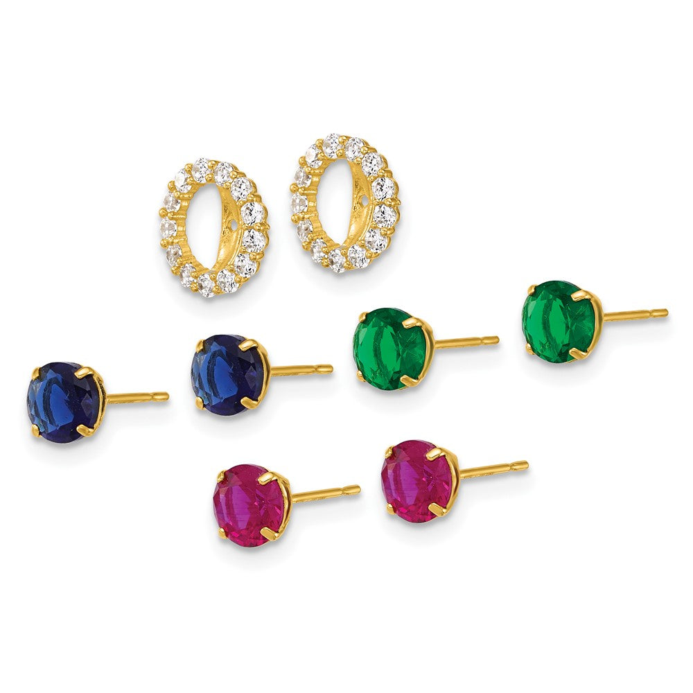 10k Red/Blue/Green CZ & Glass Studs w/Halo Jacket Set of 3 Post Earrings