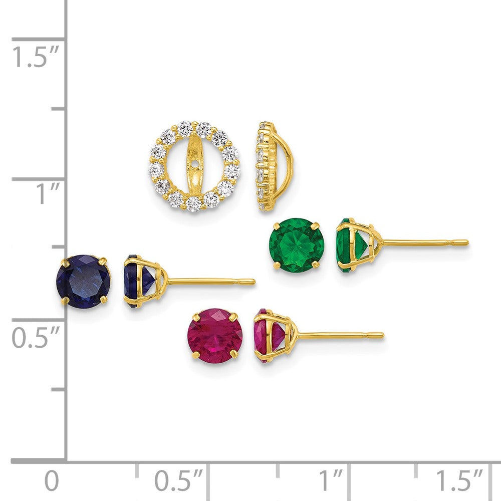10k Red/Blue/Green CZ & Glass Studs w/Halo Jacket Set of 3 Post Earrings