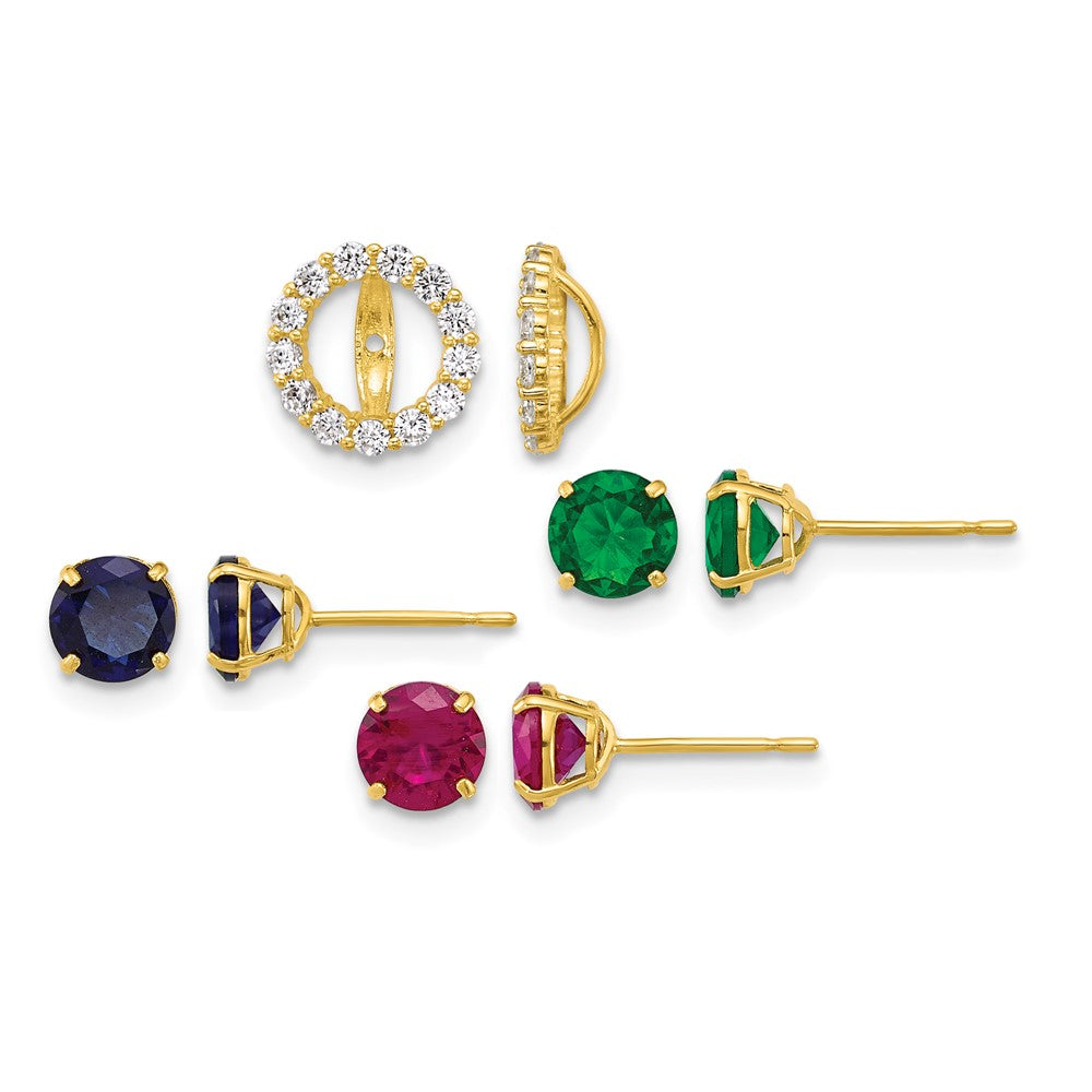10k Red/Blue/Green CZ & Glass Studs w/Halo Jacket Set of 3 Post Earrings