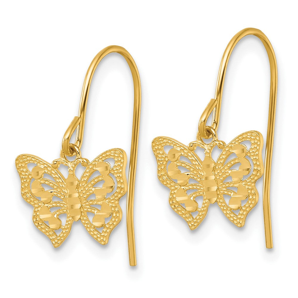10k Polished Diamond-cut Dangle Butterfly Shepherd Hook Earrings