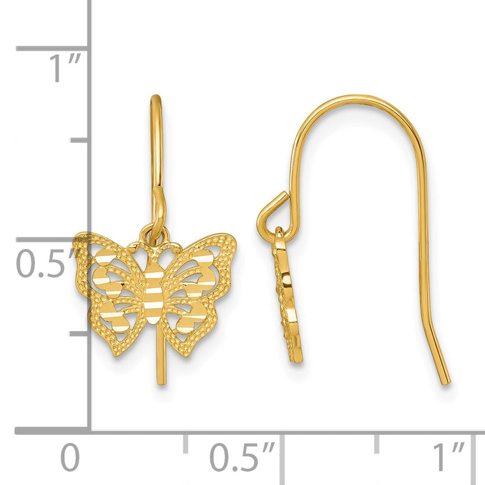 10k Polished Diamond-cut Dangle Butterfly Shepherd Hook Earrings