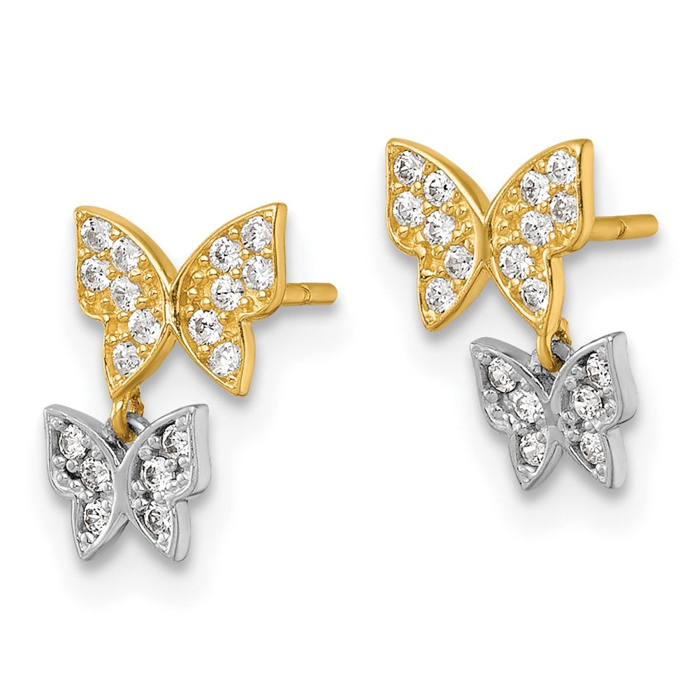 10k Two-Tone CZ Double Butterfly Post Dangle Earrings