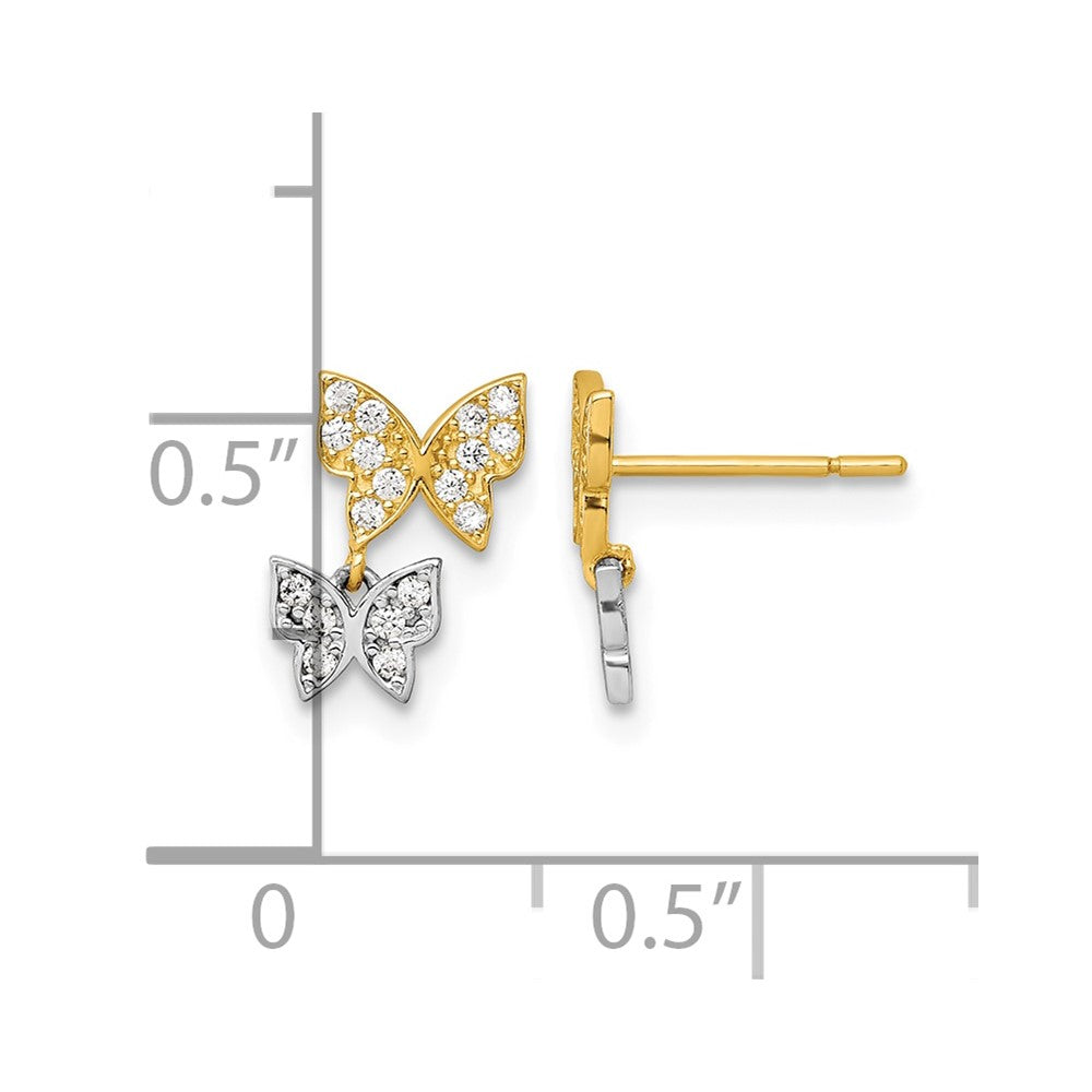 10k Two-Tone CZ Double Butterfly Post Dangle Earrings