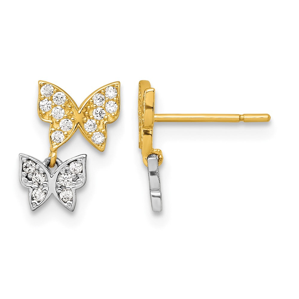 10k Two-Tone CZ Double Butterfly Post Dangle Earrings
