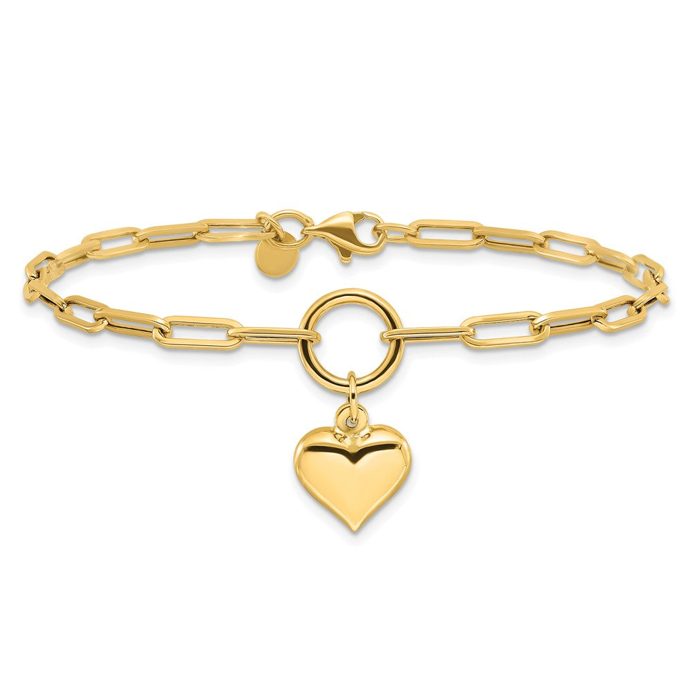 10K Polished Puff Heart Paper Clip Link Bracelet
