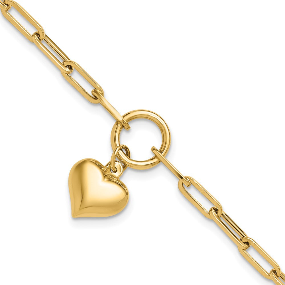 10K Polished Puff Heart Paper Clip Link Bracelet