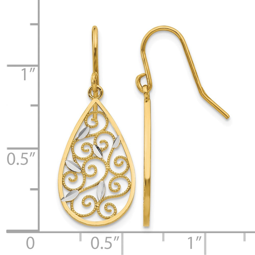 10K White Rhodium Diamond-cut Filigree Teardrop Wire Earrings