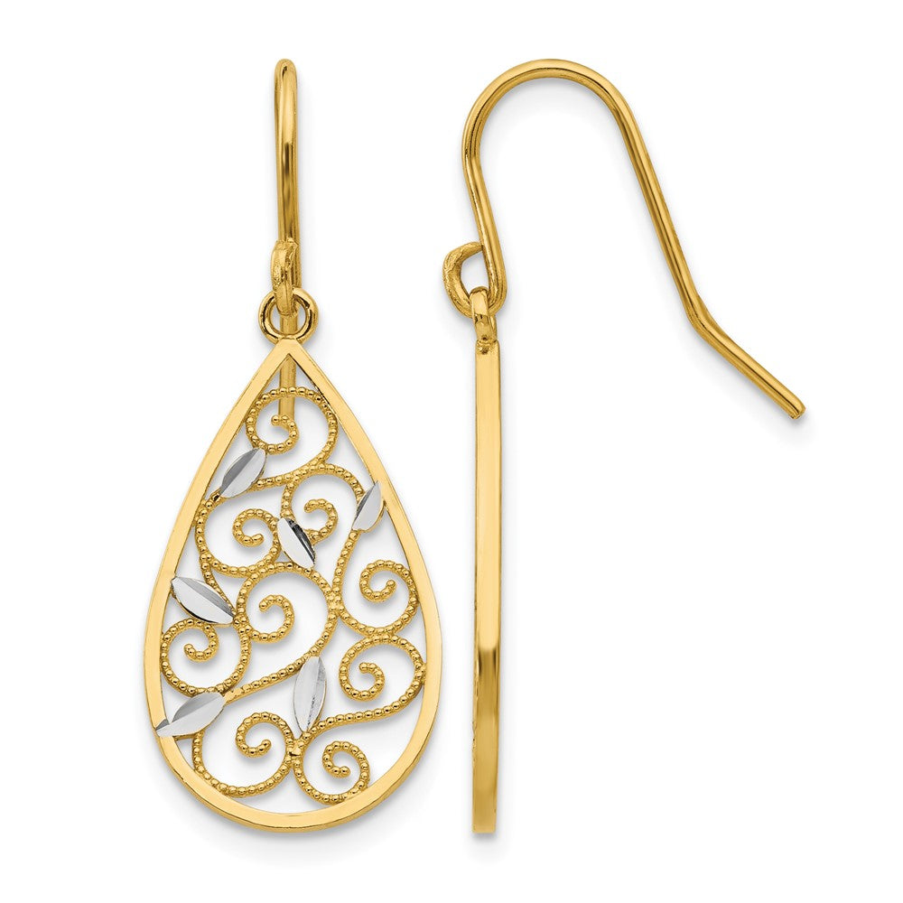 10K White Rhodium Diamond-cut Filigree Teardrop Wire Earrings