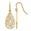 10K White Rhodium Diamond-cut Filigree Teardrop Wire Earrings