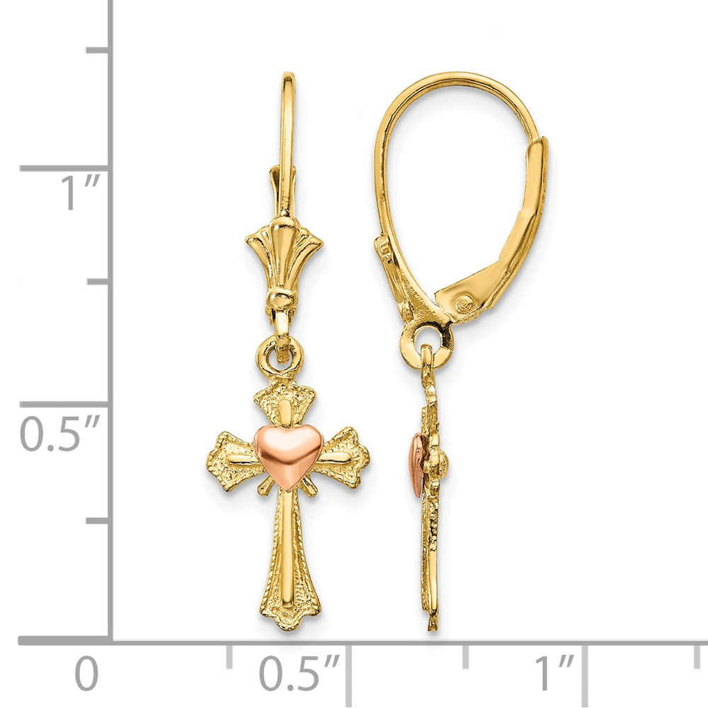 10K Two-tone Heart on Cross Leverback Earrings