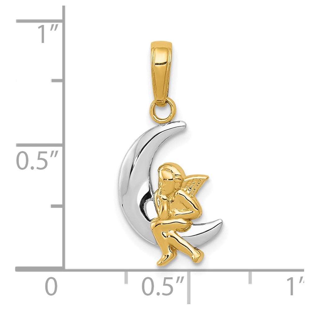 10k & Rhodium Polished Moon w/ Angel Pendant
