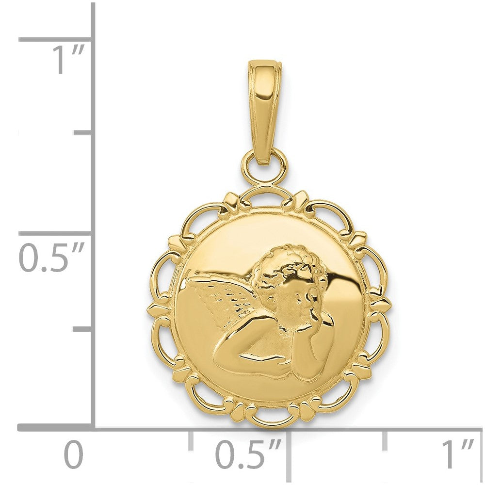10K Gold Polished Angel/Cherub on Round Scallop Frame Pendant