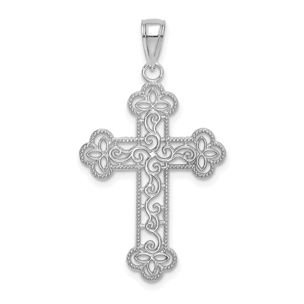 10K White Gold Textured Beaded Edge Cross Charm