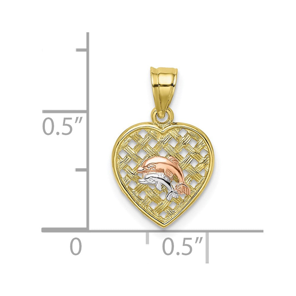 10K Two-tone w/Rhodium Double Dolphins On Woven Heart Charm
