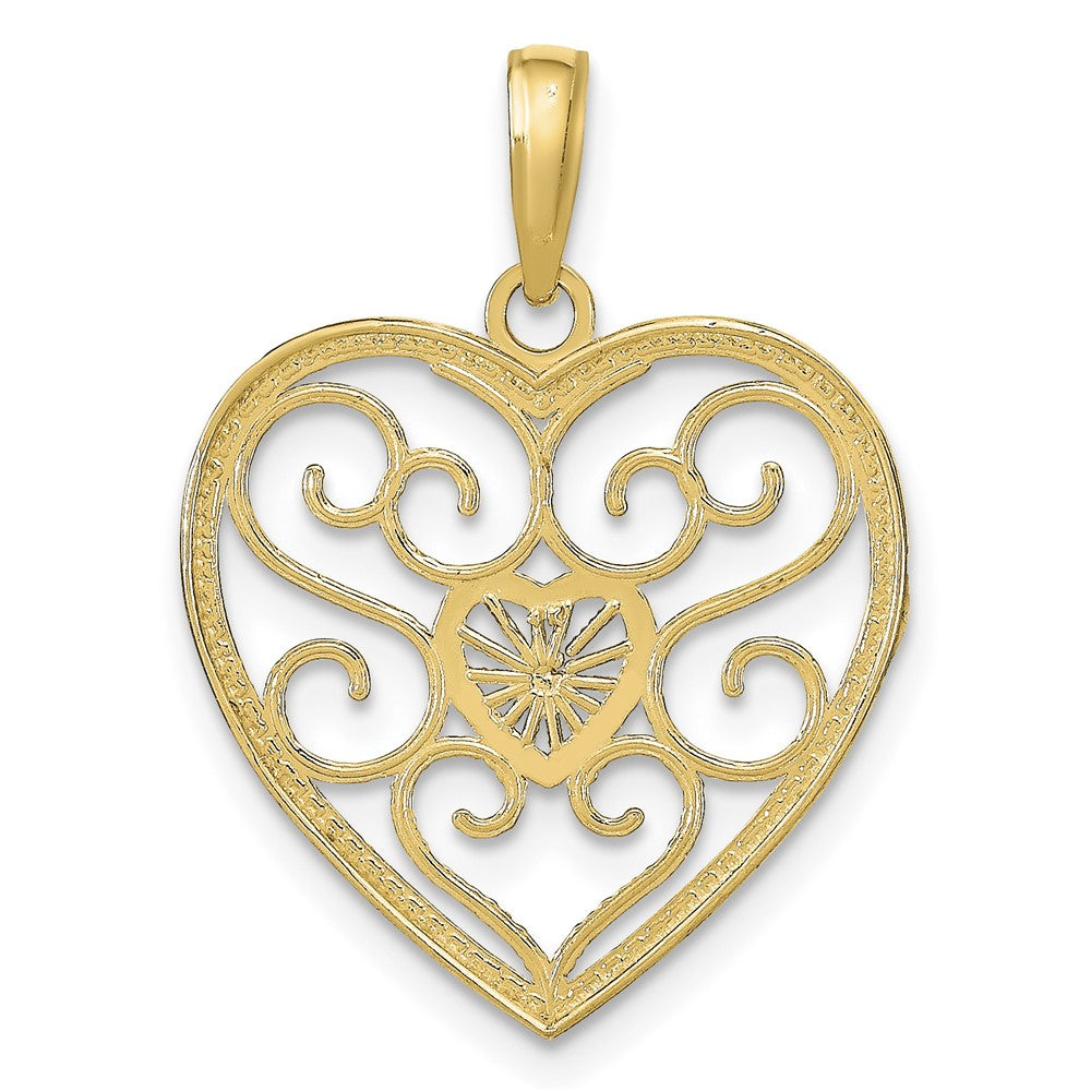 10k w/Rhodium Filigree Beaded Heart Charm