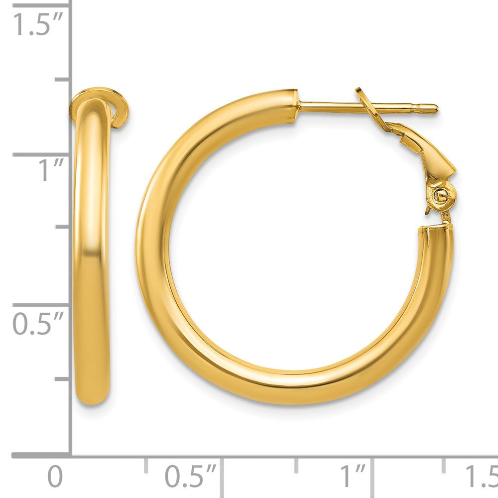 10k 3x20mm Polished Round Omega Back Hoop Earrings
