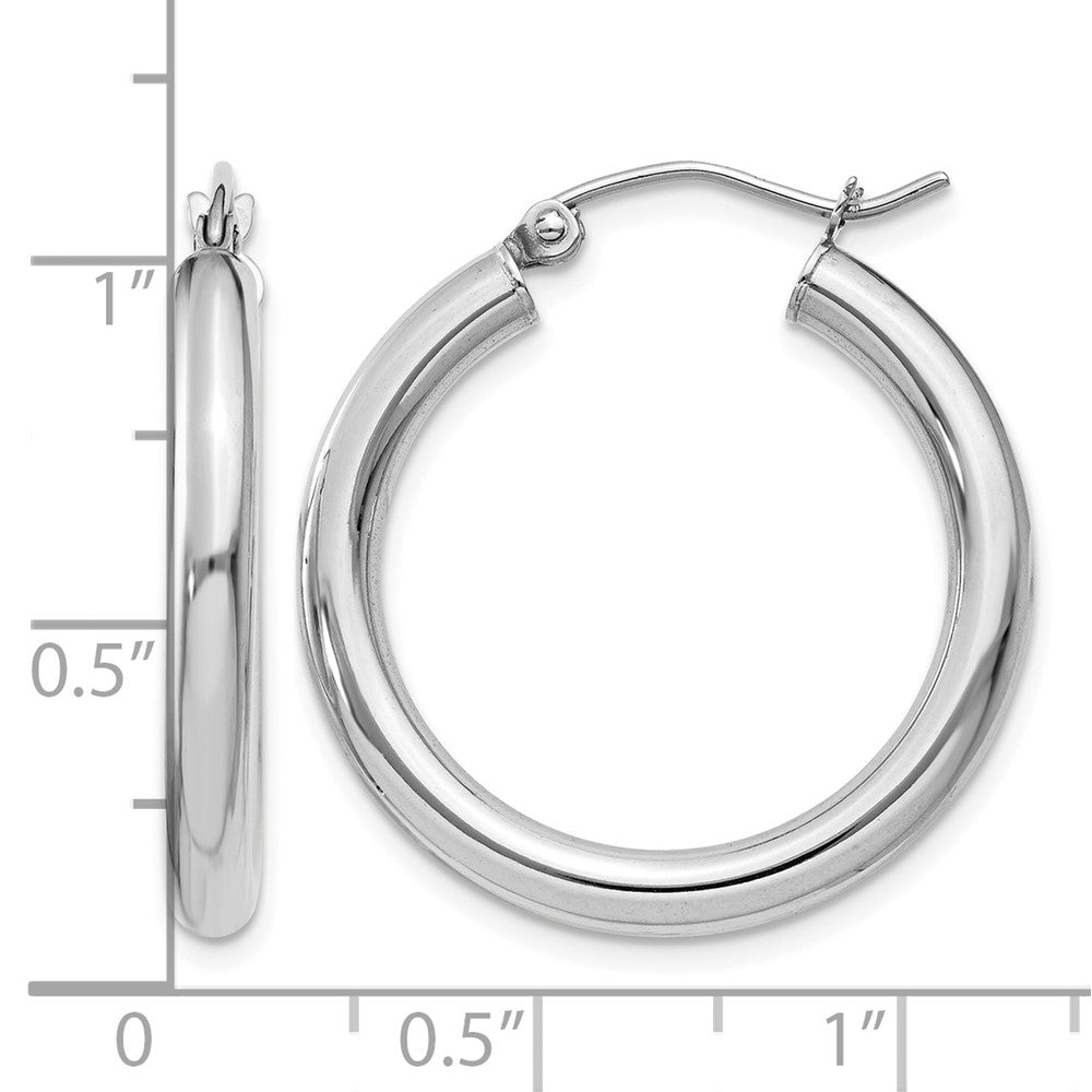 10k White Gold Polished 3mm Lightweight Tube Hoop Earrings