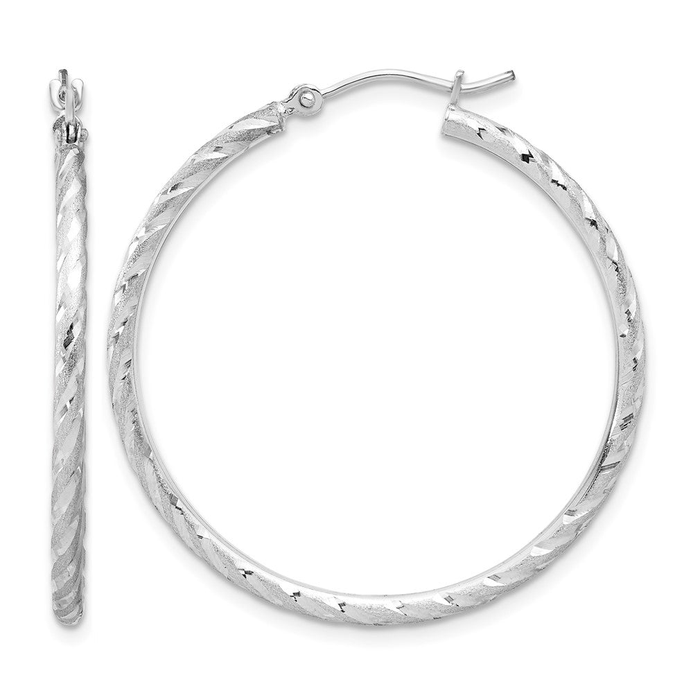 10k White Gold Polished and Satin D/C 2.00mm Hoop Earrings