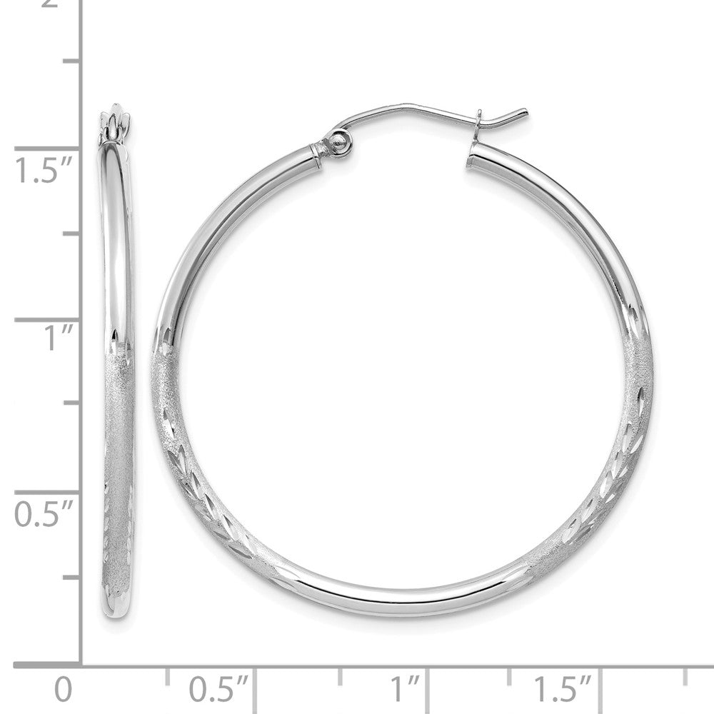 10k White Gold Satin and Diamond-cut 2mm Round Hoop Earrings