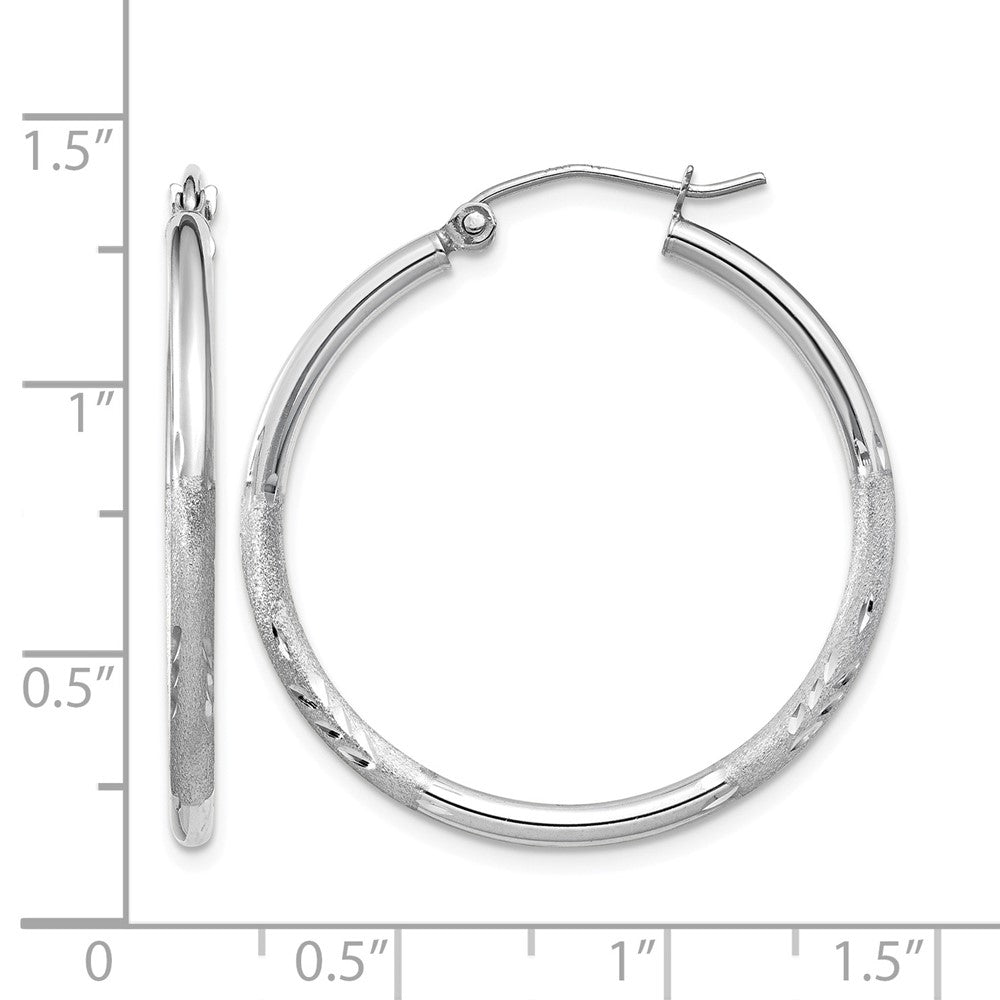 10k White Gold Satin and Diamond-cut 2mm Round Hoop Earrings
