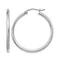 10k White Gold Satin and Diamond-cut 2mm Round Hoop Earrings
