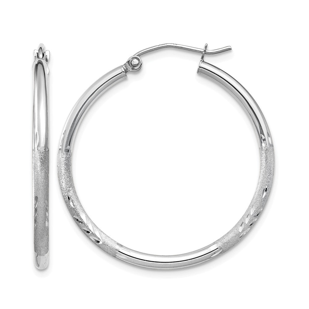 10k White Gold Satin and Diamond-cut 2mm Round Hoop Earrings
