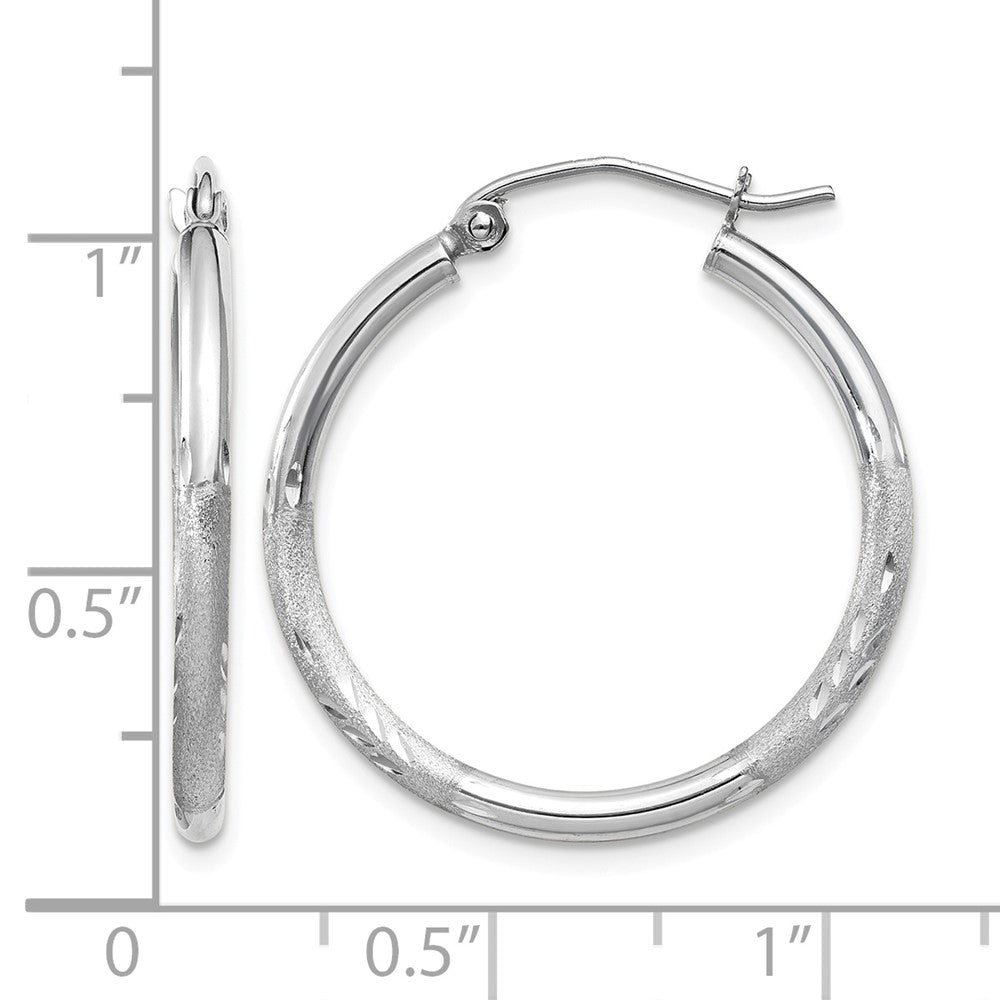 10k White Gold Satin and Diamond-cut 2mm Round Hoop Earrings