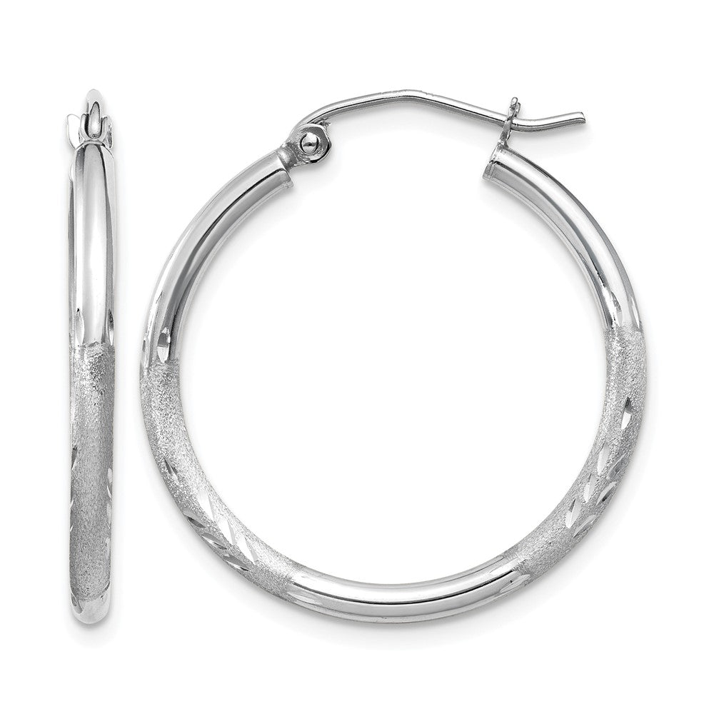 10k White Gold Satin and Diamond-cut 2mm Round Hoop Earrings