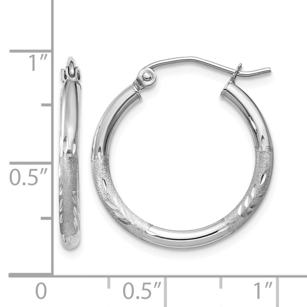 10k White Gold Satin and Diamond-cut 2mm Round Hoop Earrings