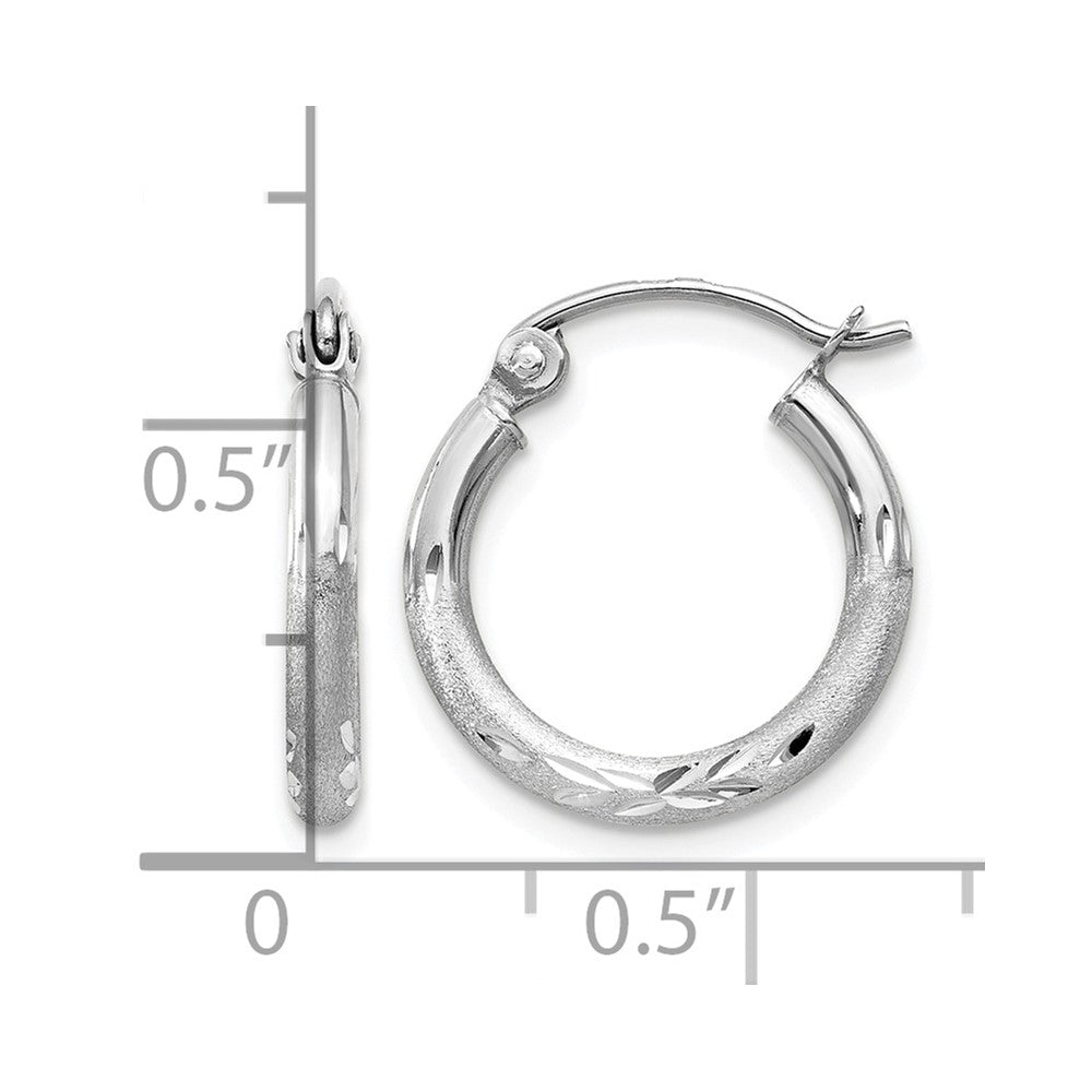 10k White Gold Satin and Diamond-cut 2mm Round Hoop Earrings