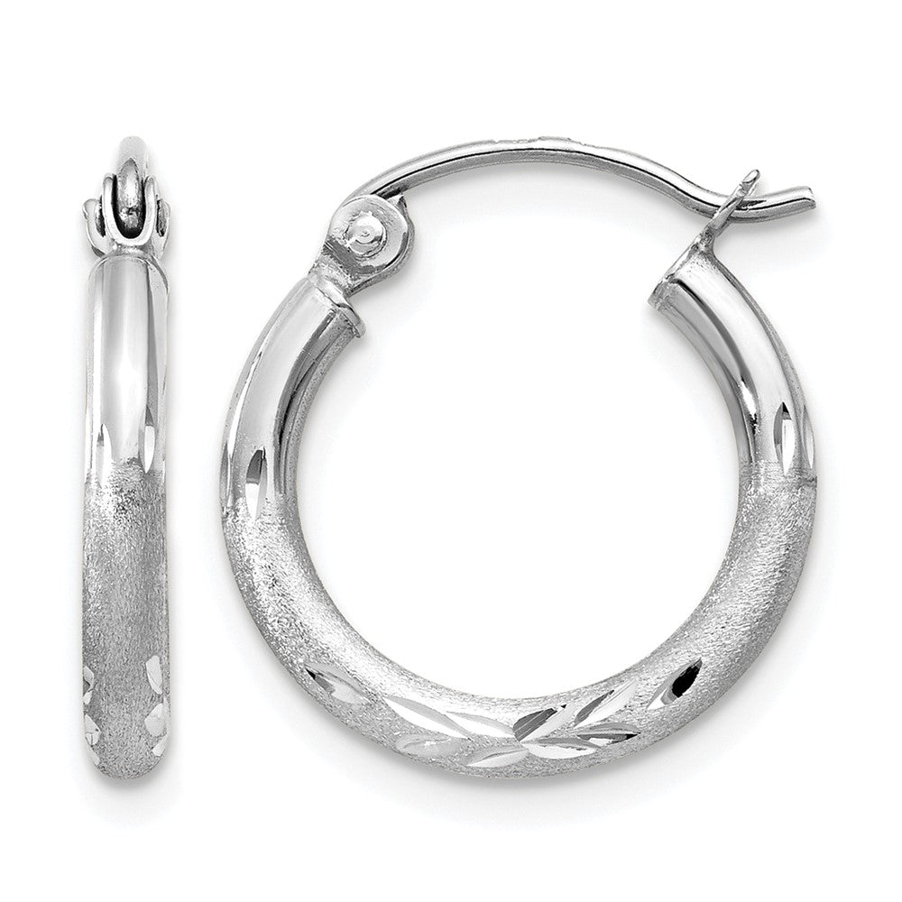 10k White Gold Satin and Diamond-cut 2mm Round Hoop Earrings
