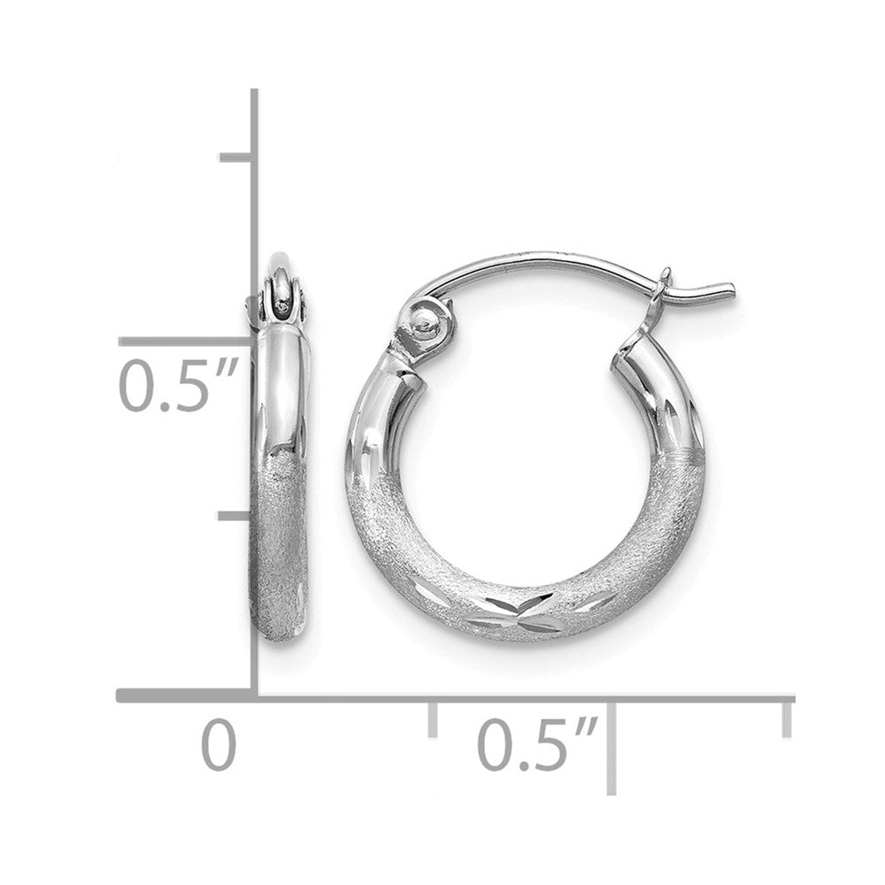 10k White Gold Satin and Diamond-cut 2mm Round Hoop Earrings