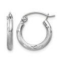 10k White Gold Satin and Diamond-cut 2mm Round Hoop Earrings