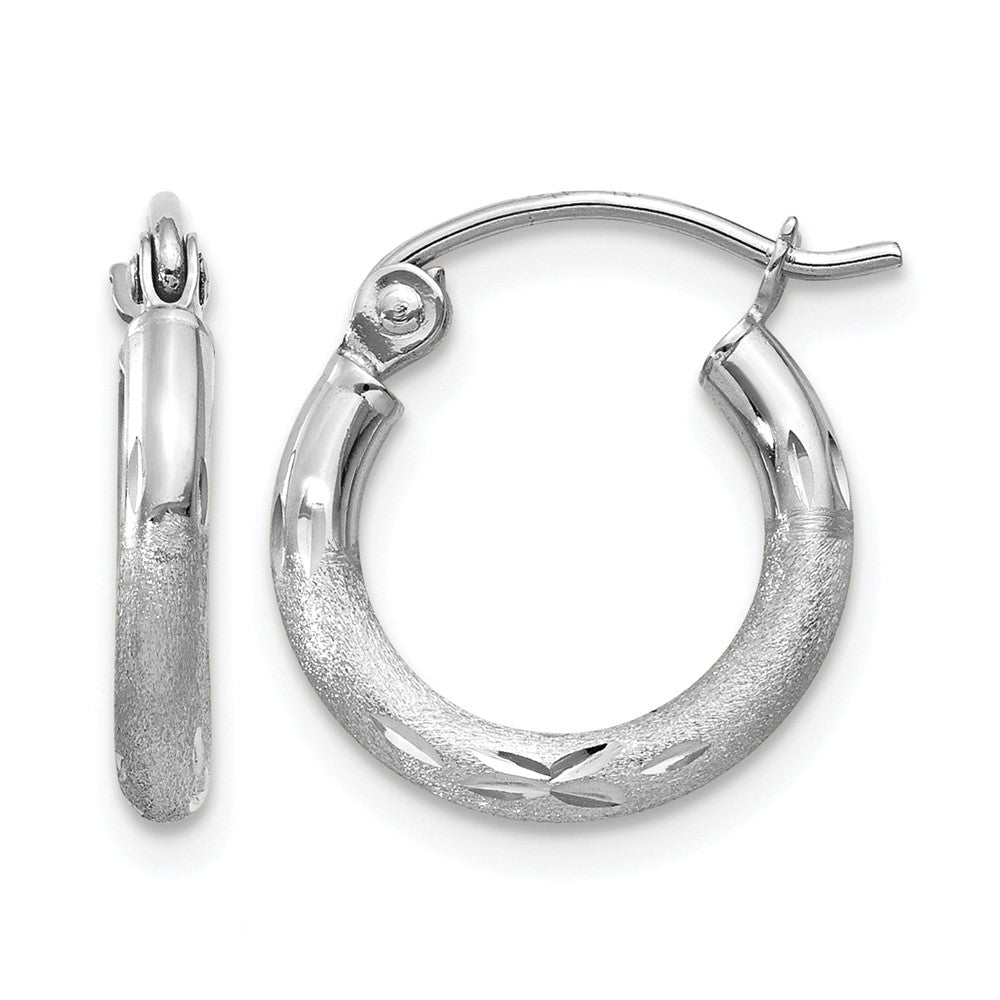 10k White Gold Satin and Diamond-cut 2mm Round Hoop Earrings