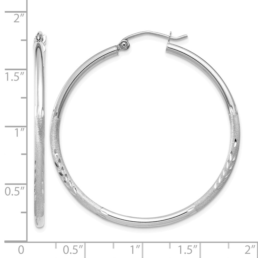 10k White Gold Satin and Diamond-cut 2mm Round Hoop Earrings