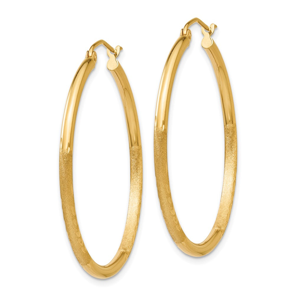10k Satin and Diamond-cut 2mm Round Tube Hoop Earrings