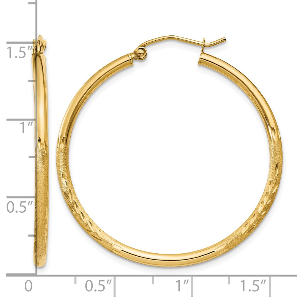 10k Satin and Diamond-cut 2mm Round Tube Hoop Earrings