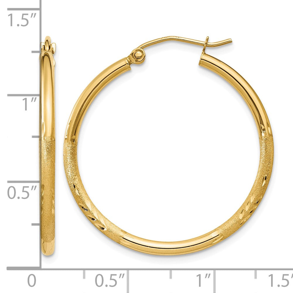 10k Satin and Diamond-cut 2mm Round Tube Hoop Earrings