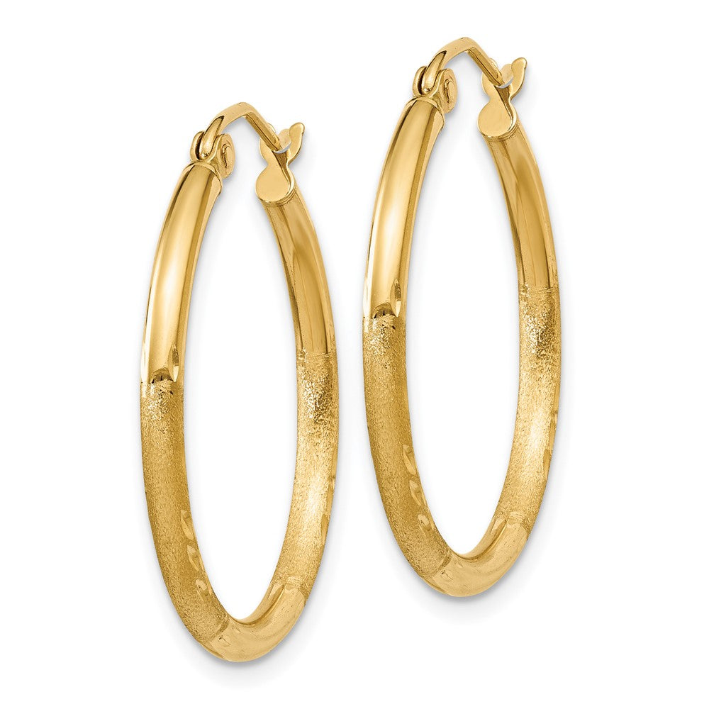 10k Satin and Diamond-cut 2mm Round Tube Hoop Earrings