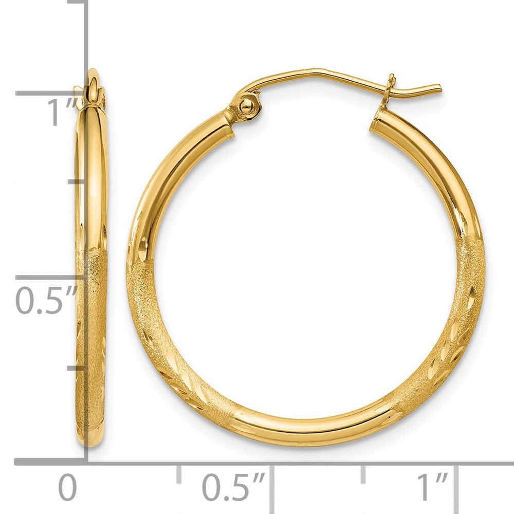 10k Satin and Diamond-cut 2mm Round Tube Hoop Earrings
