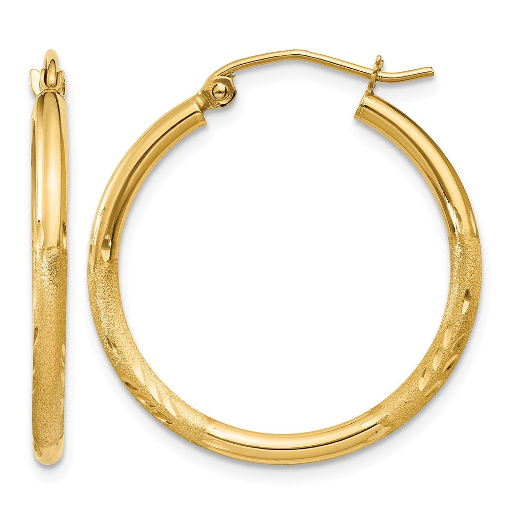 10k Satin and Diamond-cut 2mm Round Tube Hoop Earrings