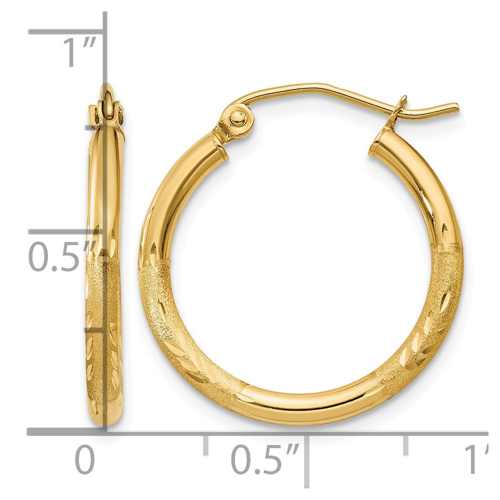 10k Satin and Diamond-cut 2mm Round Tube Hoop Earrings
