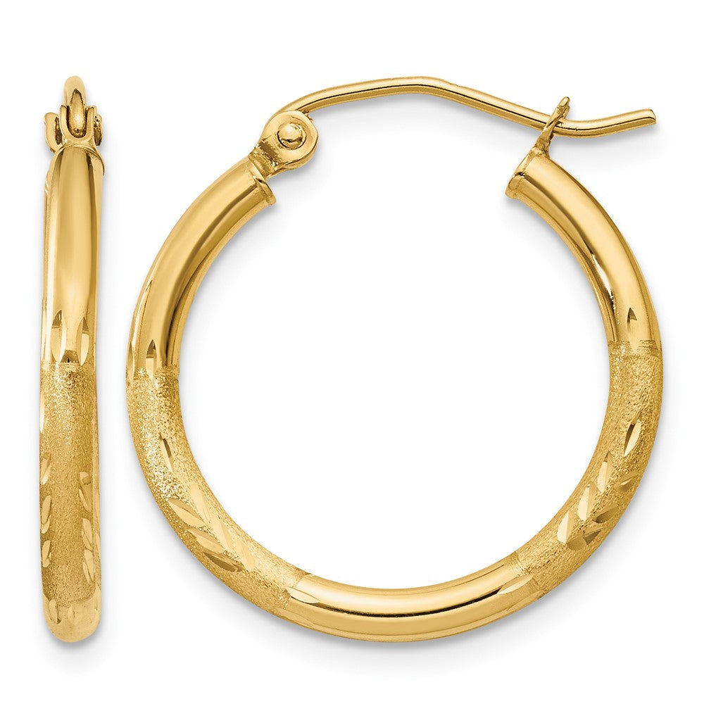 10k Satin and Diamond-cut 2mm Round Tube Hoop Earrings