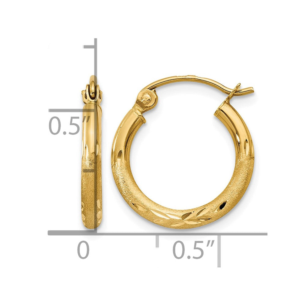 10k Satin and Diamond-cut 2mm Round Tube Hoop Earrings