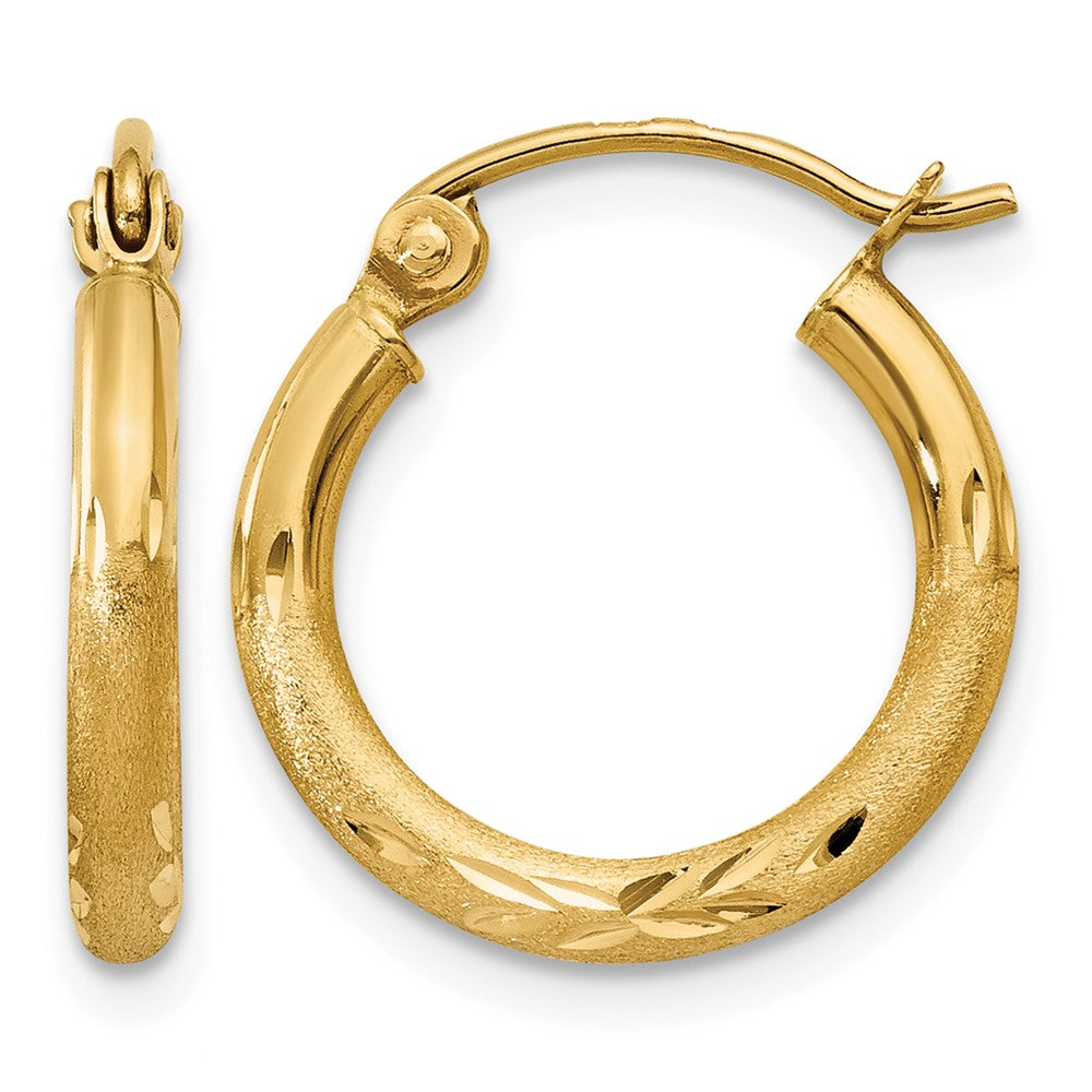 10k Satin and Diamond-cut 2mm Round Tube Hoop Earrings
