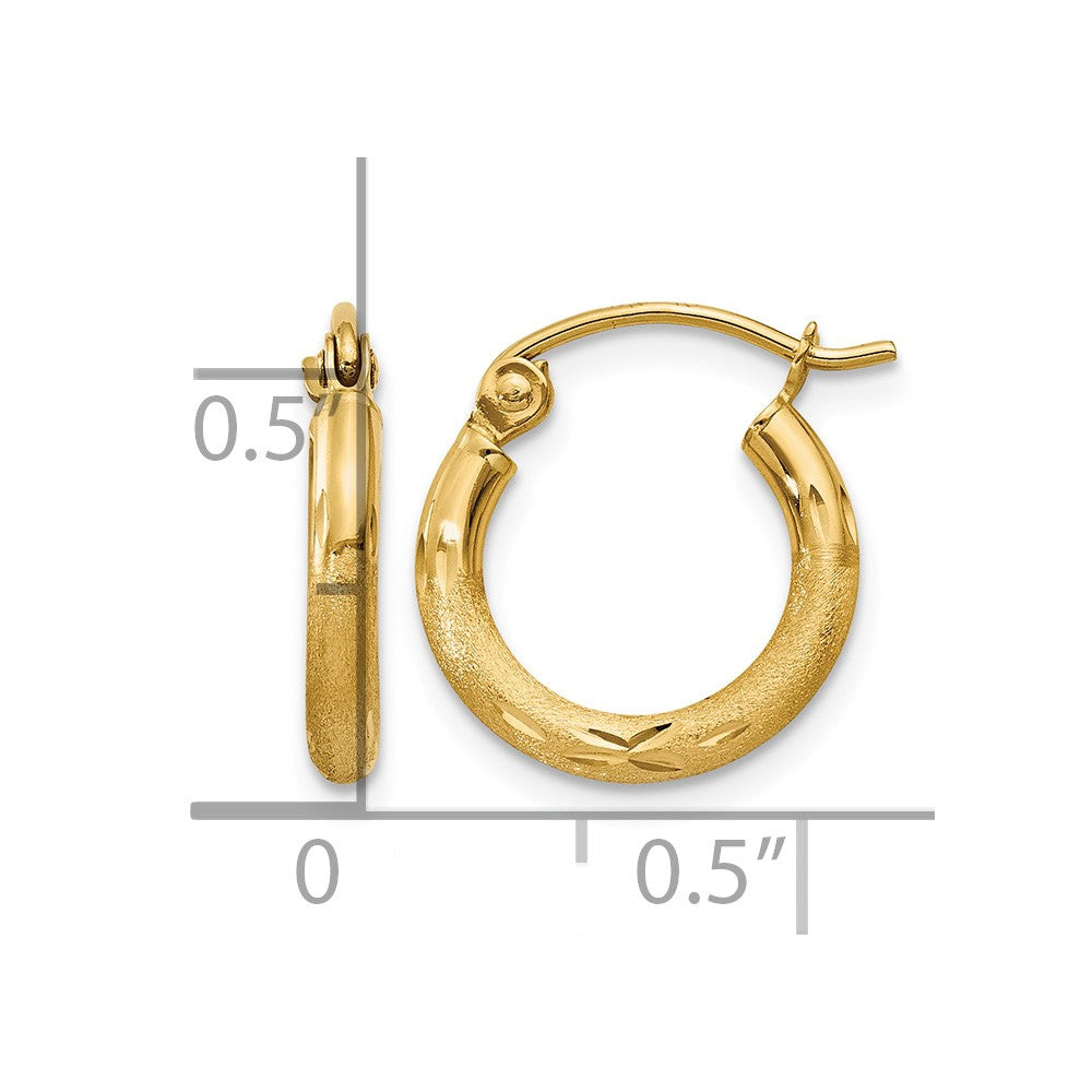 10k Satin and Diamond-cut 2mm Round Tube Hoop Earrings