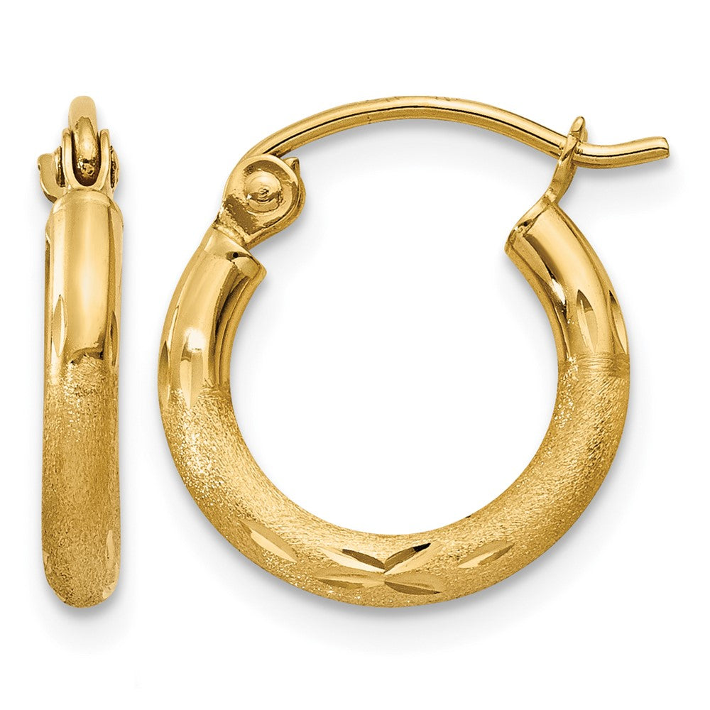 10k Satin and Diamond-cut 2mm Round Tube Hoop Earrings