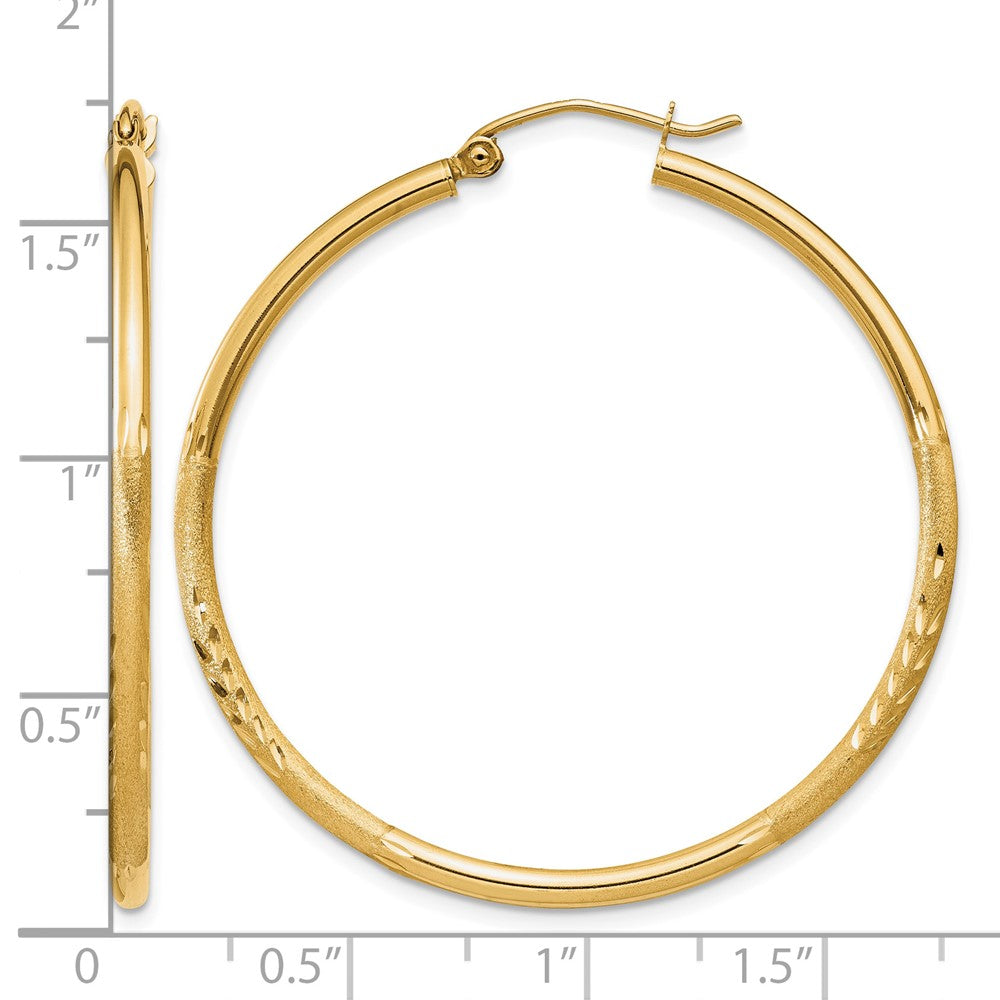 10k Satin and Diamond-cut 2mm Round Tube Hoop Earrings