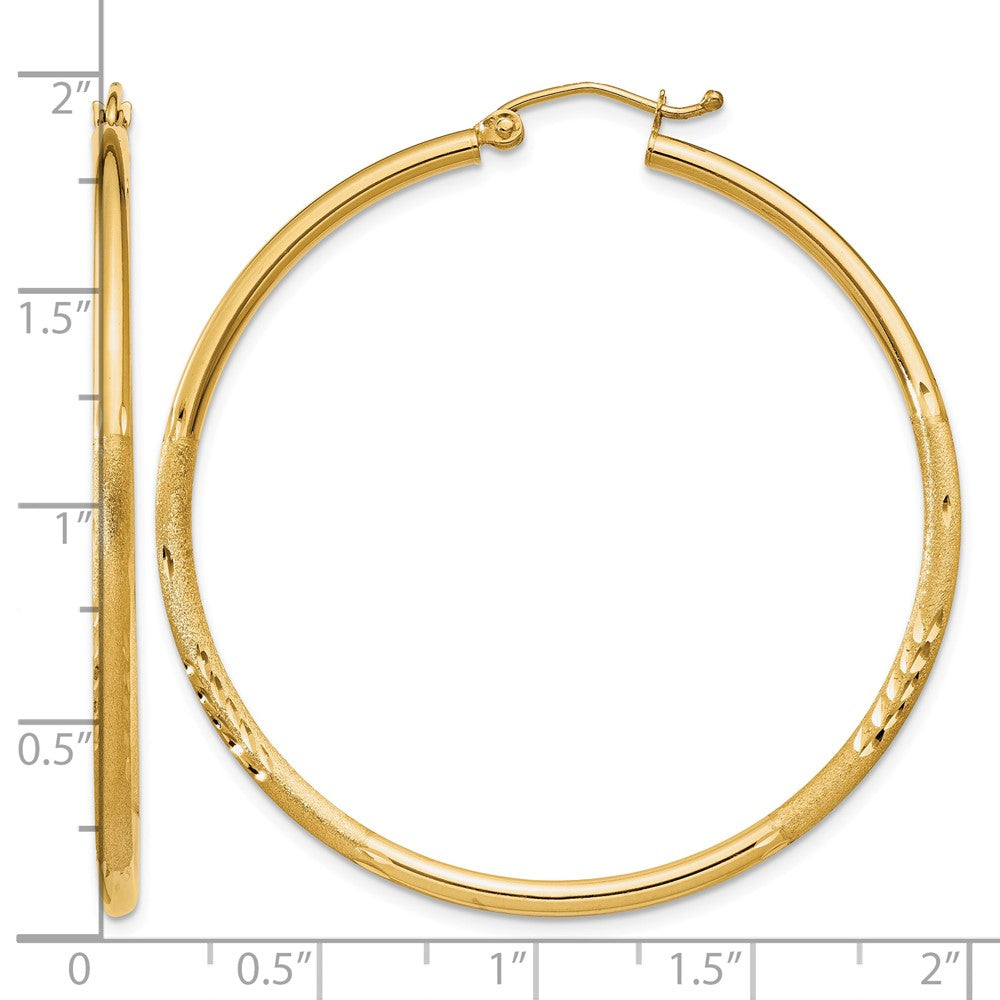 10k Satin and Diamond-cut 2mm Round Tube Hoop Earrings